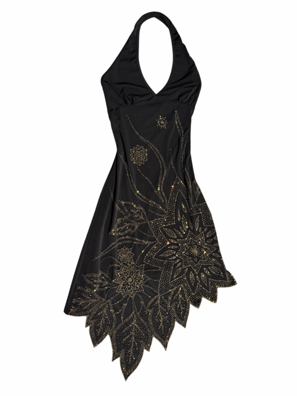 Y2K Black Beaded Halter Dress Fairycore Asymmetrical Hem Sparkly Mini Size Small